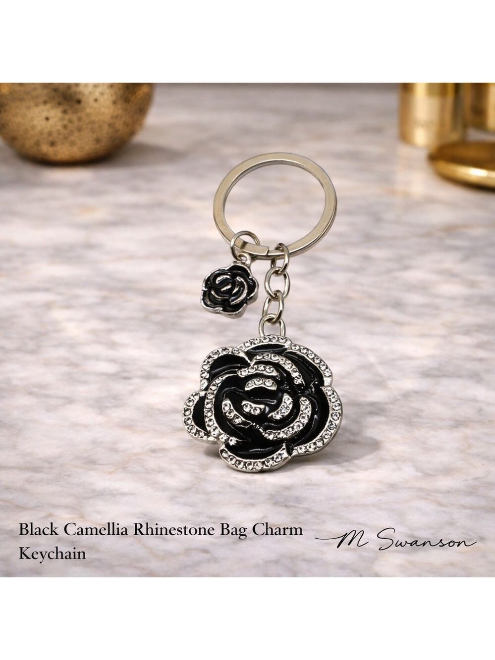 Black Camellia Rhinestone Bag Charm Keychain Silver Tone